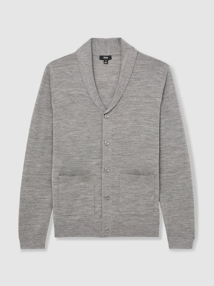 Reiss Warm Grey Melange Taunton Merino Wool Shawl-Collar Cardigan - Image 2 of 6
