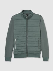 Reiss Teal Green Freddie Hybrid Quilt and Knit Zip-Through Jacket - Image 2 of 7