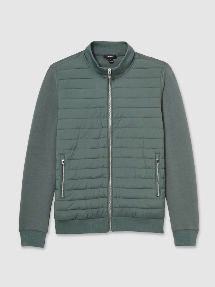 Reiss Teal Green Freddie Hybrid Quilt and Knit Zip-Through Jacket - Image 2 of 7