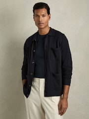 Mornarica - Reiss Munich Merino Wool z gumbi po celotni dolžini pletena jopa - Slika 1 iz 7