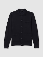 Mornarica - Reiss Munich Merino Wool z gumbi po celotni dolžini pletena jopa - Slika 2 iz 7