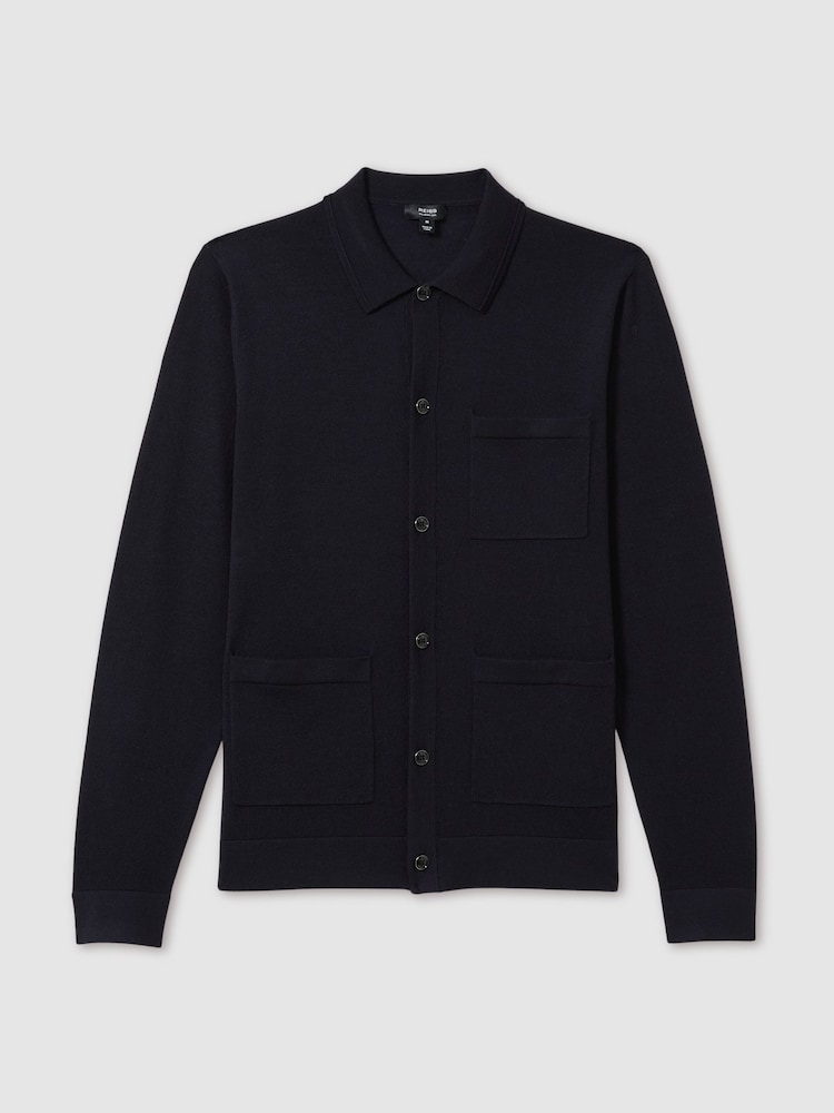 Mornarica - Reiss Munich Merino Wool z gumbi po celotni dolžini pletena jopa - Slika 2 iz 7
