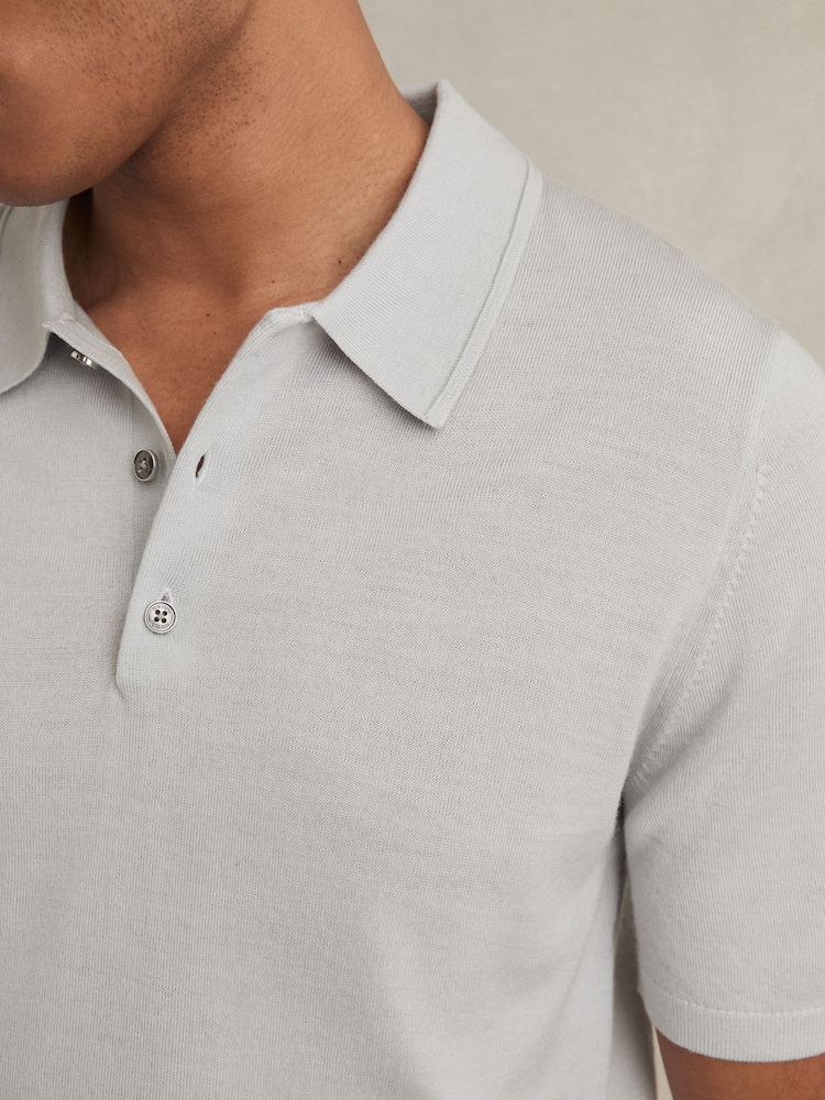 Reiss Iced Blue Manor Merino Wool Short-Sleeve Polo Shirt - Image 4 of 6