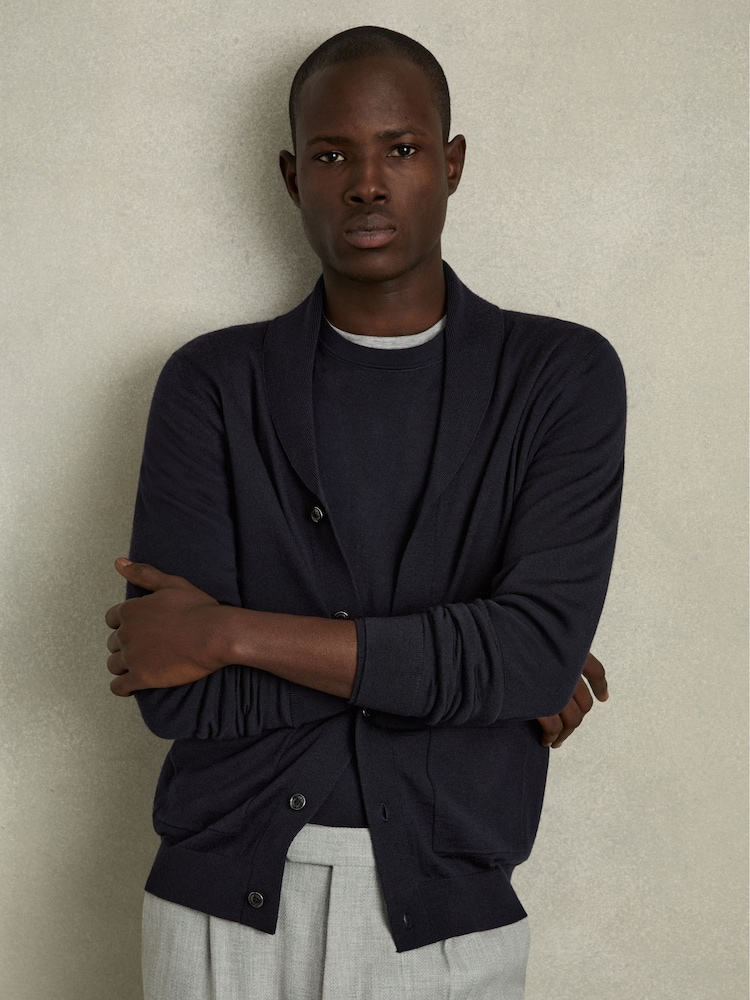 Mornarica - Reiss Taunton Merino Wool Shawl-Collar pletena jopa - Slika 1 iz 7
