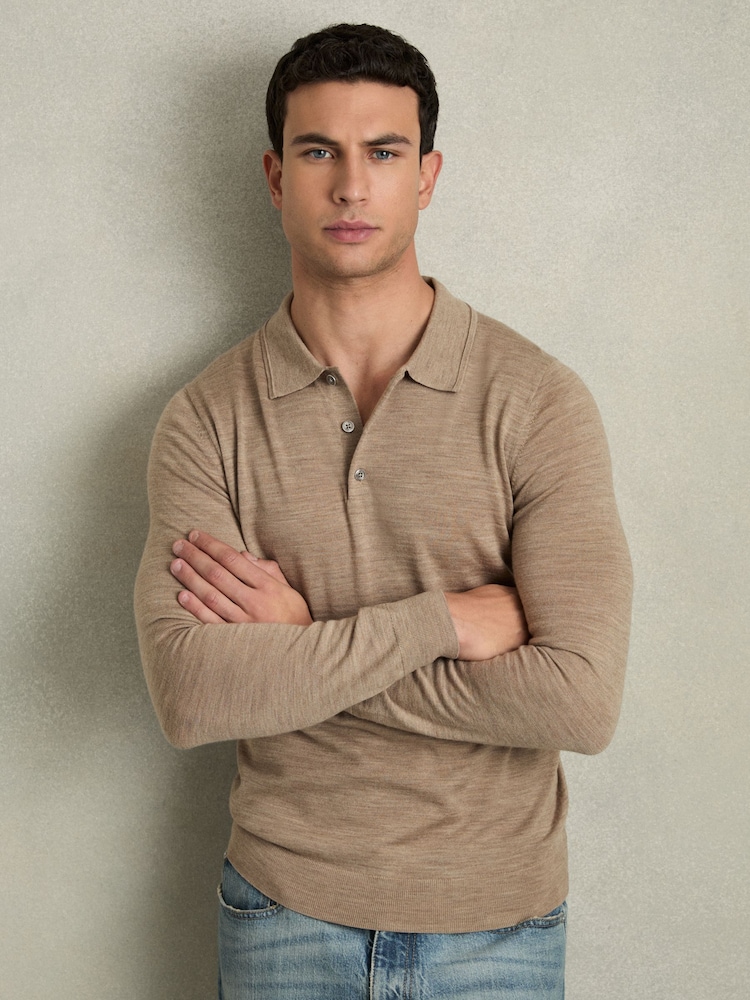 Reiss Warm Taupe Melange Trafford Merino Wool Polo Shirt - Image 1 of 6