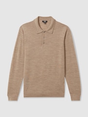 Reiss Warm Taupe Melange Trafford Merino Wool Polo Shirt - Image 2 of 6