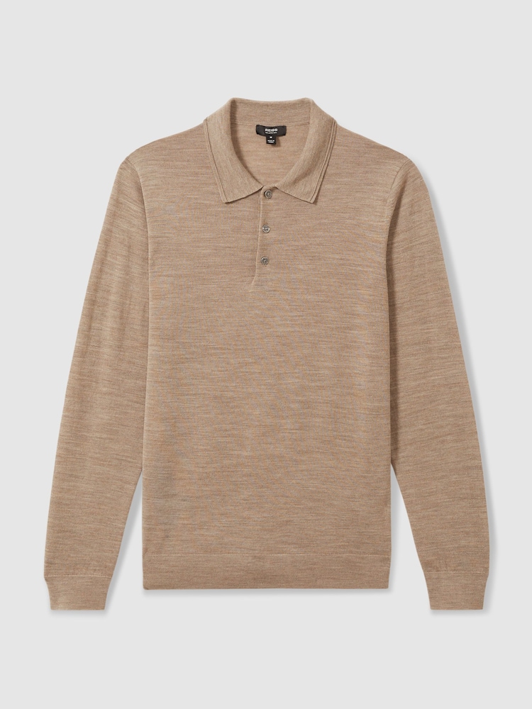 Reiss Warm Taupe Melange Trafford Merino Wool Polo Shirt - Image 2 of 6