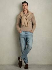 Reiss Warm Taupe Melange Trafford Merino Wool Polo Shirt - Image 3 of 6