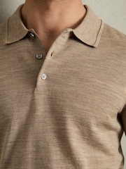 Reiss Warm Taupe Melange Trafford Merino Wool Polo Shirt - Image 4 of 6