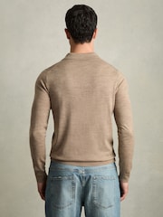 Reiss Warm Taupe Melange Trafford Merino Wool Polo Shirt - Image 5 of 6