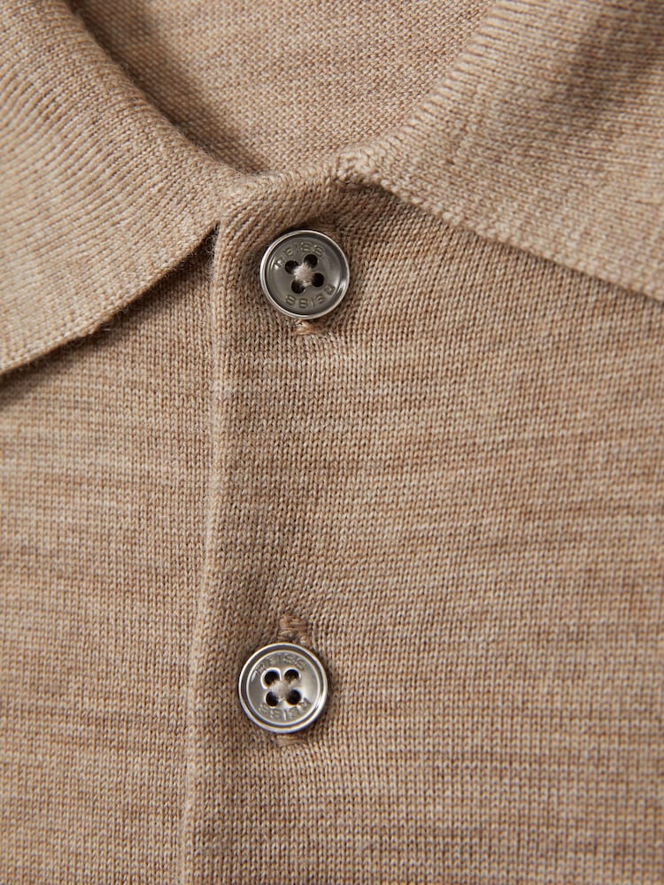 Reiss Warm Taupe Melange Trafford Merino Wool Polo Shirt - Image 6 of 6