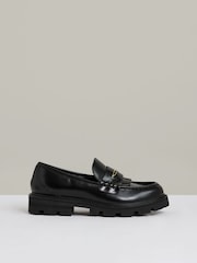 Reiss Black Lianna Leather Fringed Chunky Penny Loafers - Image 1 of 6
