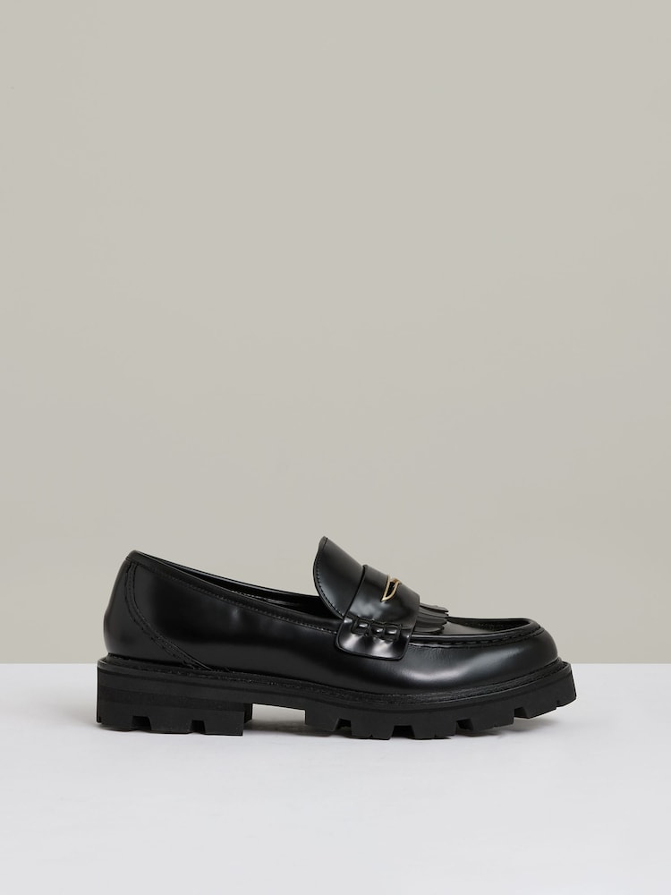 Reiss Black Lianna Leather Fringed Chunky Penny Loafers - Image 1 of 6