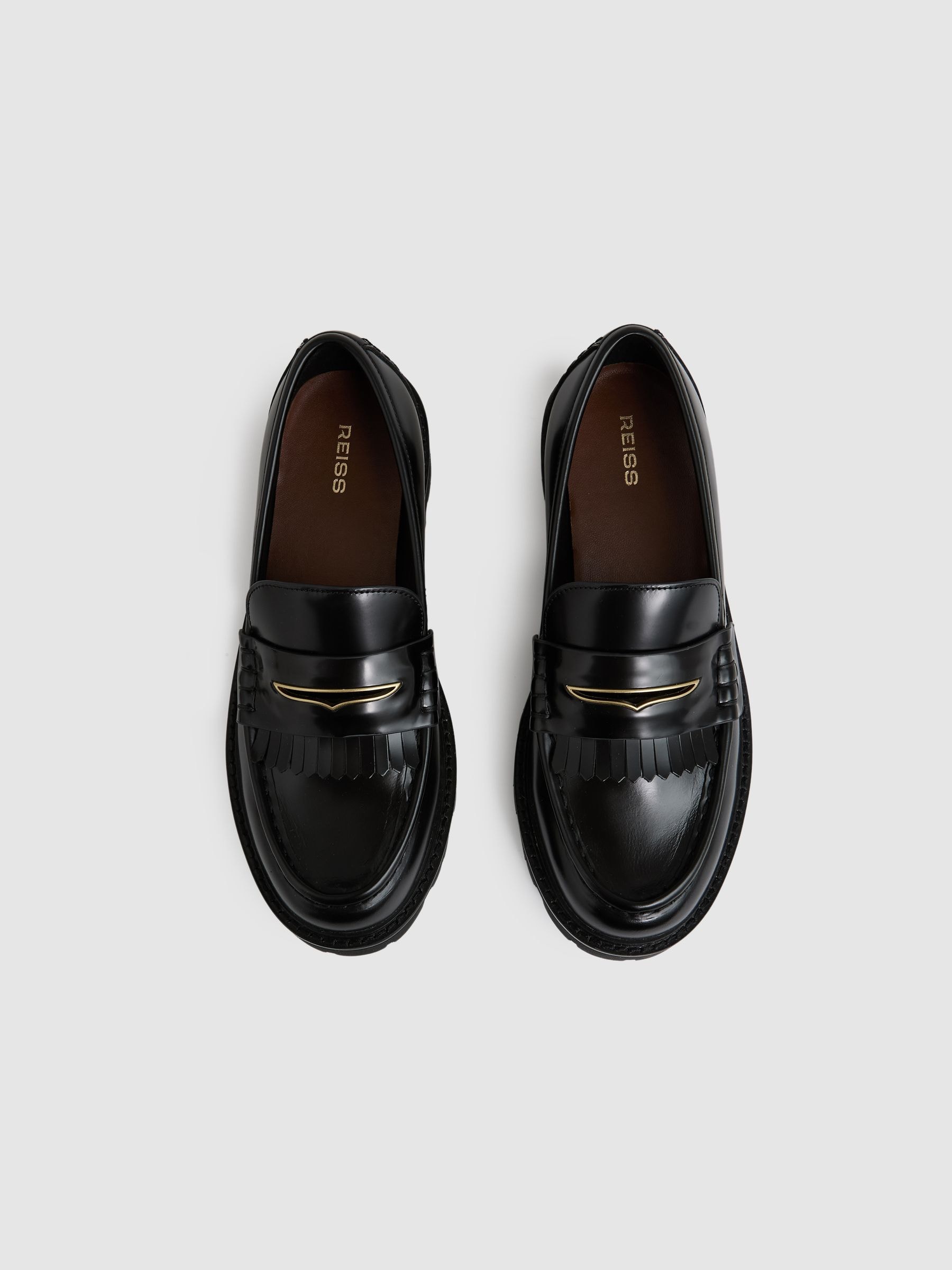Buy Reiss Black Lianna Leather Fringed Chunky Penny Loafers from