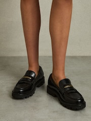 Reiss Black Lianna Leather Fringed Chunky Penny Loafers - Image 6 of 6