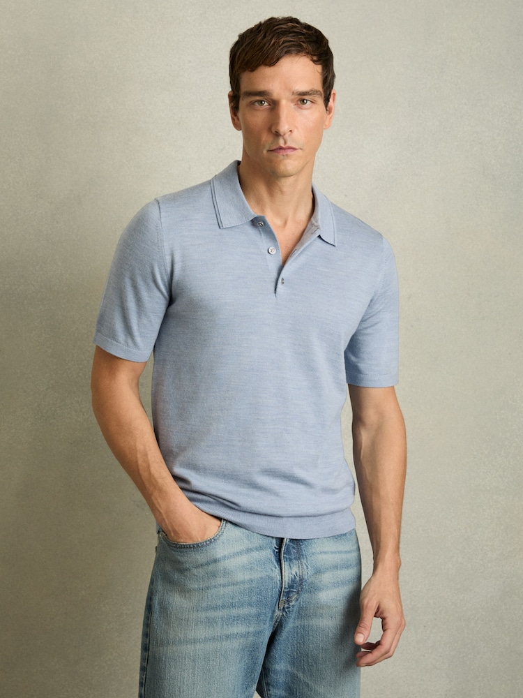 Reiss Soft Blue Manor Merino Wool Short-Sleeve Polo Shirt - Image 1 of 6