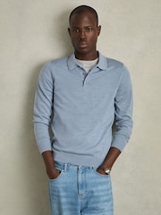 Reiss Soft Blue Melange Trafford Merino Wool Polo Shirt - Image 1 of 7