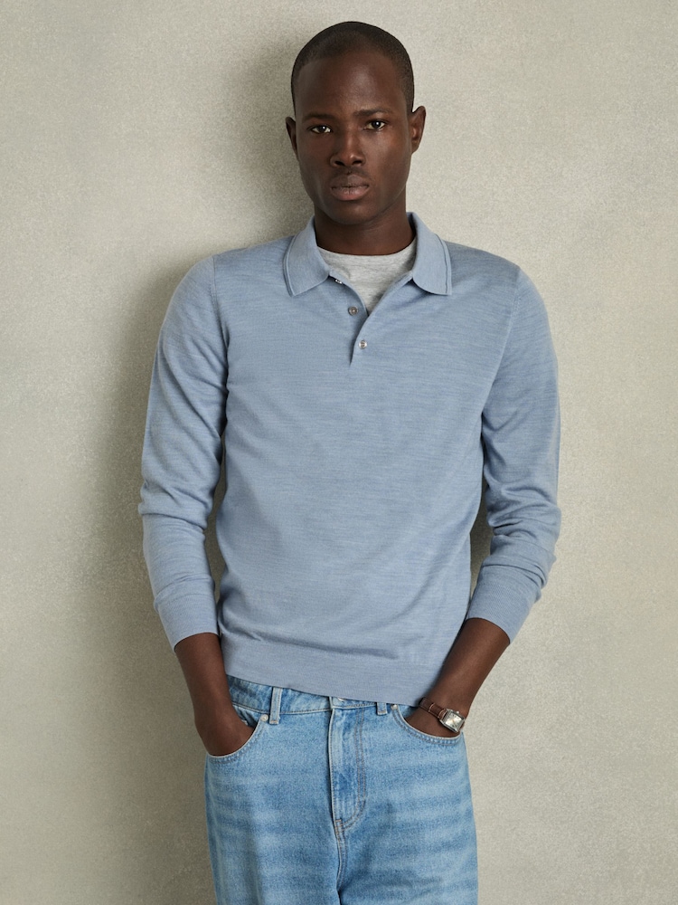 Reiss Soft Blue Melange Trafford Merino Wool Polo Shirt - Image 1 of 7