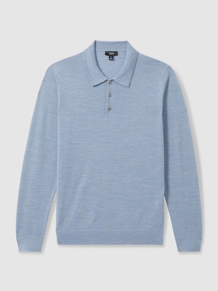 Reiss Soft Blue Melange Trafford Merino Wool Polo Shirt - Image 2 of 7