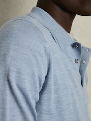 Reiss Soft Blue Melange Trafford Merino Wool Polo Shirt - Image 4 of 7