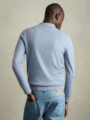 Reiss Soft Blue Melange Trafford Merino Wool Polo Shirt - Image 5 of 7
