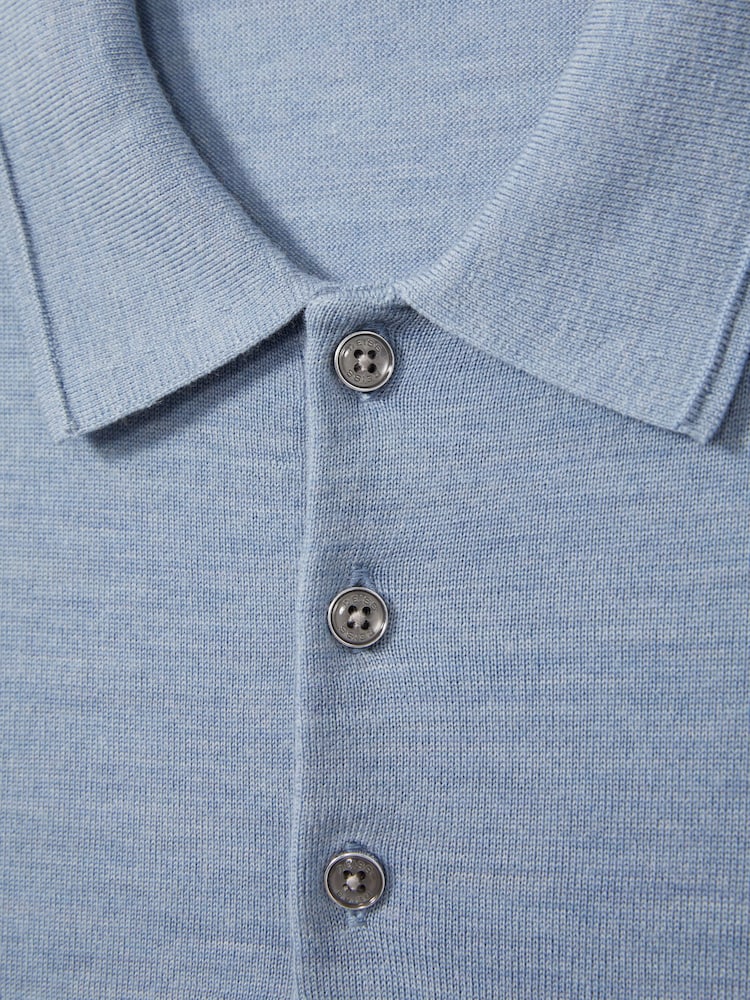 Reiss Soft Blue Melange Trafford Merino Wool Polo Shirt - Image 7 of 7