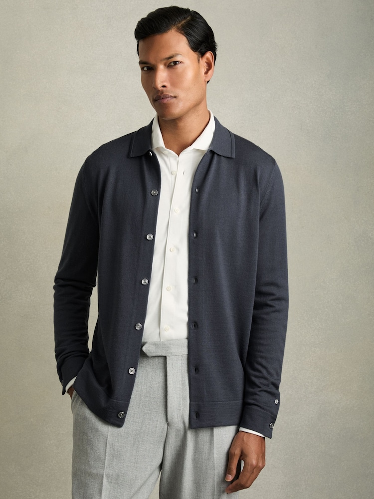 Reiss Blackened Blue Forbes Merino Wool Button-Through Cardigan - Image 1 of 6