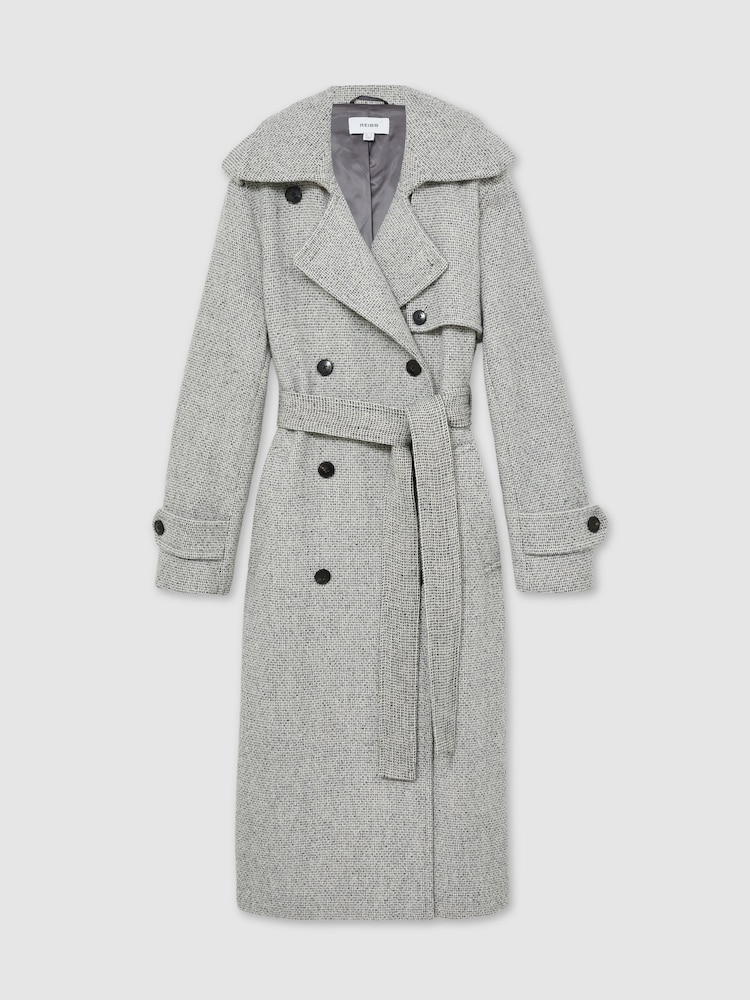 Reiss Black/White Alba Petite Wool-Blend Double-Breasted Check Trench Coat - Image 2 of 8