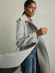 Reiss Black/White Alba Petite Wool-Blend Double-Breasted Check Trench Coat - Image 6 of 8