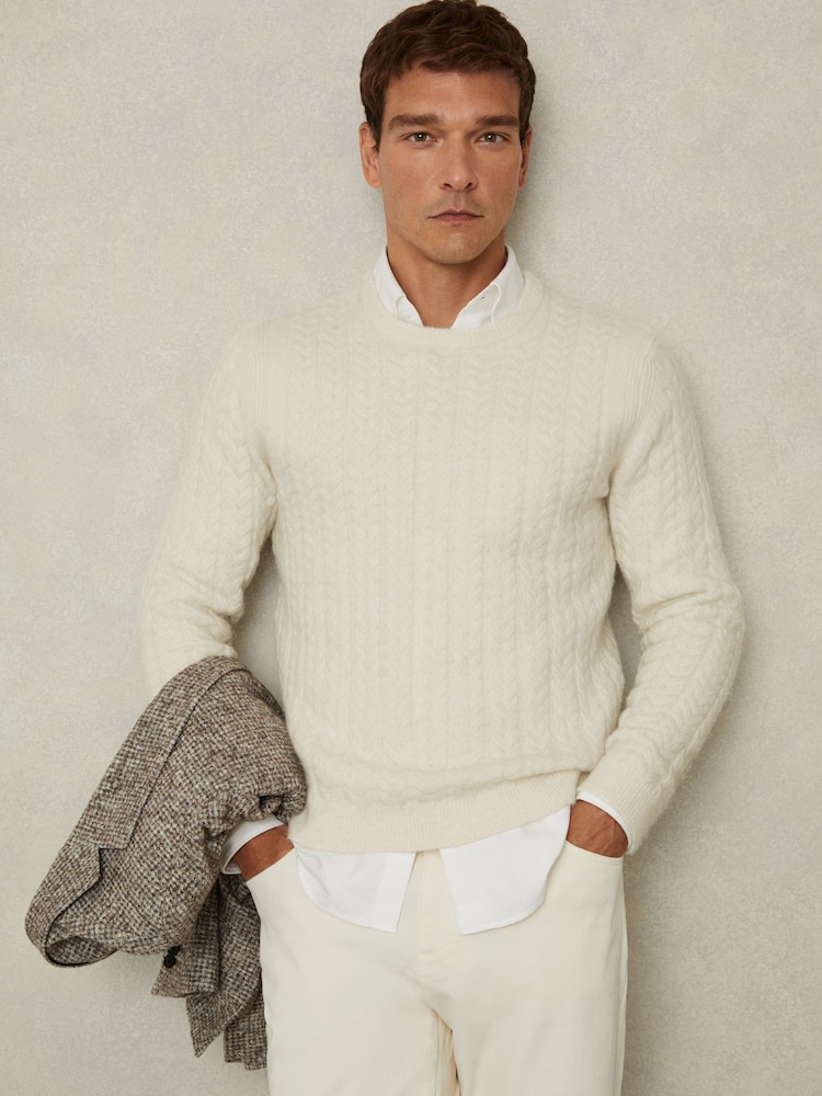 Reiss White Minsk Cabled Jumper with Wool and Alpaca - Image 1 of 6