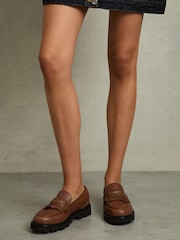 Reiss Tan Lianna Leather Fringed Chunky Penny Loafers - Image 2 of 5