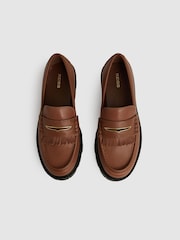 Reiss Tan Lianna Leather Fringed Chunky Penny Loafers - Image 3 of 5