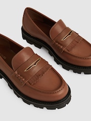 Reiss Tan Lianna Leather Fringed Chunky Penny Loafers - Image 4 of 5