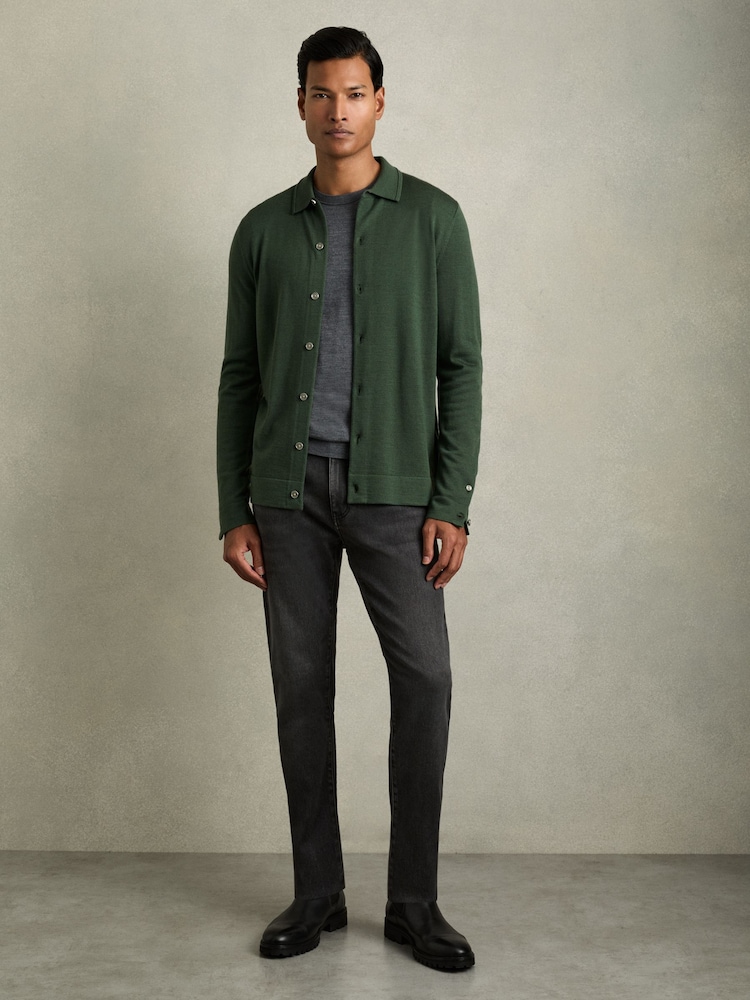 Reiss Dark Kale Green Forbes Merino Wool Button-Through Cardigan - Image 1 of 4