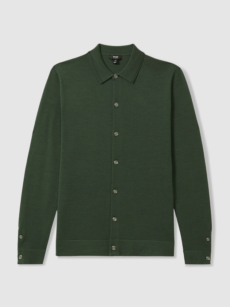 Reiss Dark Kale Green Forbes Merino Wool Button-Through Cardigan - Image 2 of 4