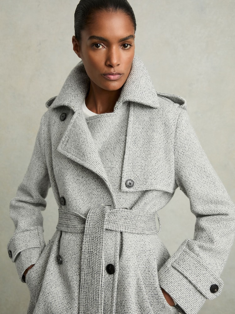 Reiss Black/White Alba Wool-Blend Double-Breasted Check Trench Coat - Image 1 of 7