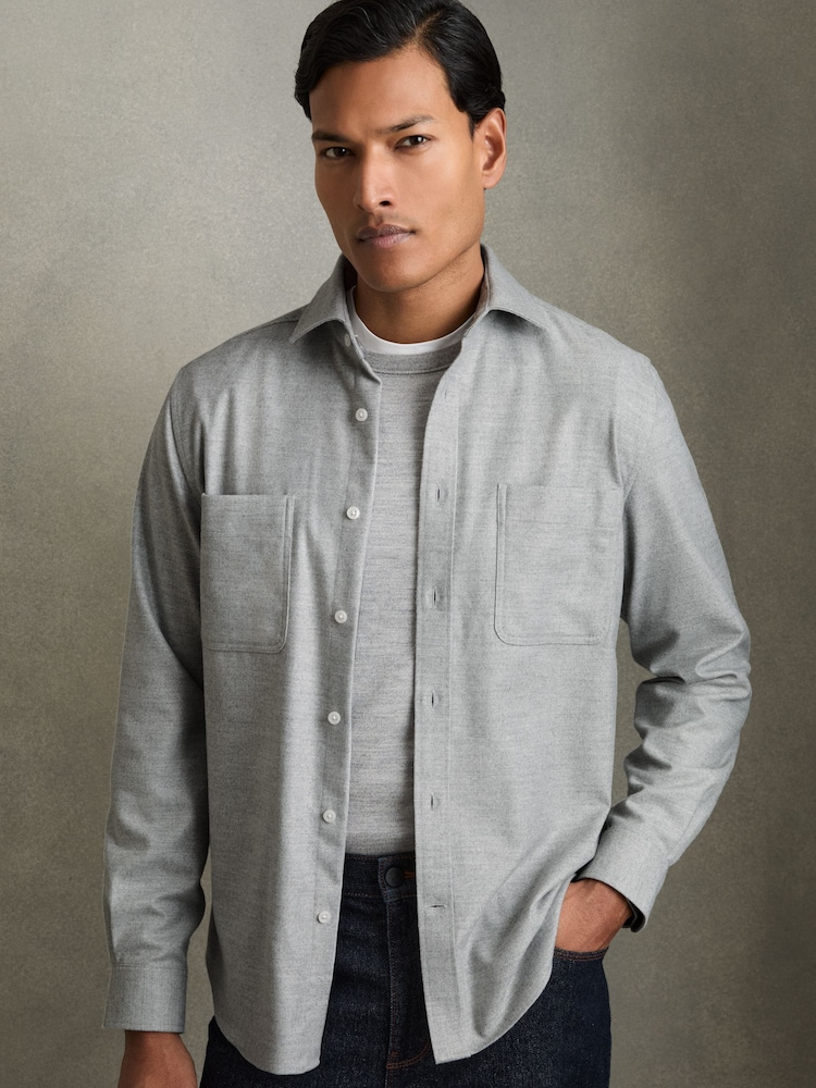 Reiss Soft Grey Melange Crawford Twin-Pocket Button-Through Overshirt - Image 1 of 7