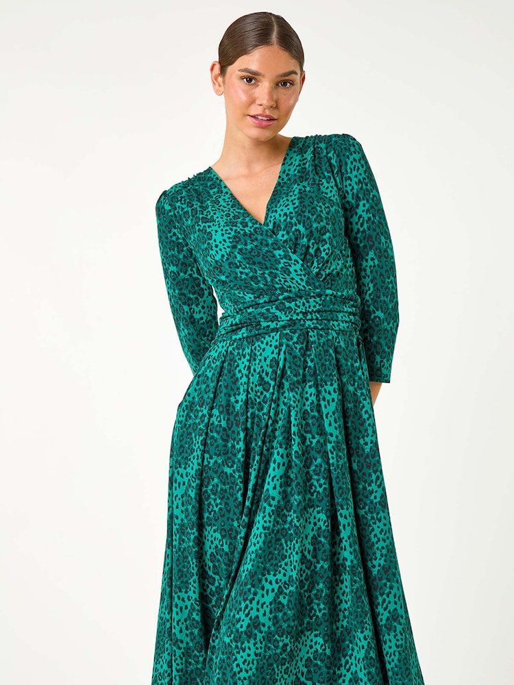 Roman Green Mock Wrap Animal Midi Dress - Image 1 of 5