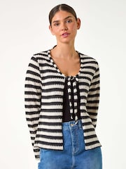 Roman Black Striped Print Tie Detail Cardigan - Image 1 of 5