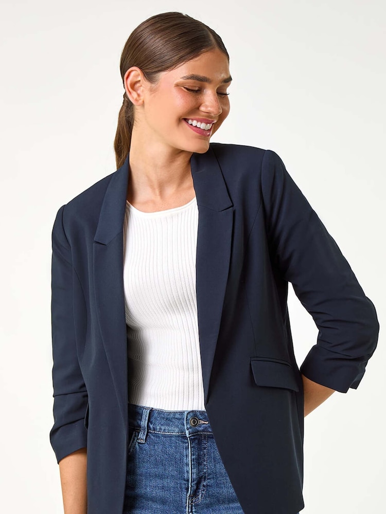 Roman Blue Ruched Sleeve Stretch Blazer - Image 1 of 5