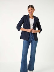 Roman Blue Ruched Sleeve Stretch Blazer - Image 3 of 5