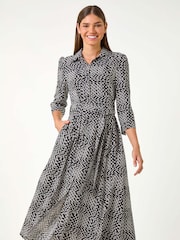 Roman Black Geometric Print Tie Waist Midi Shirt Dress - Image 1 of 5