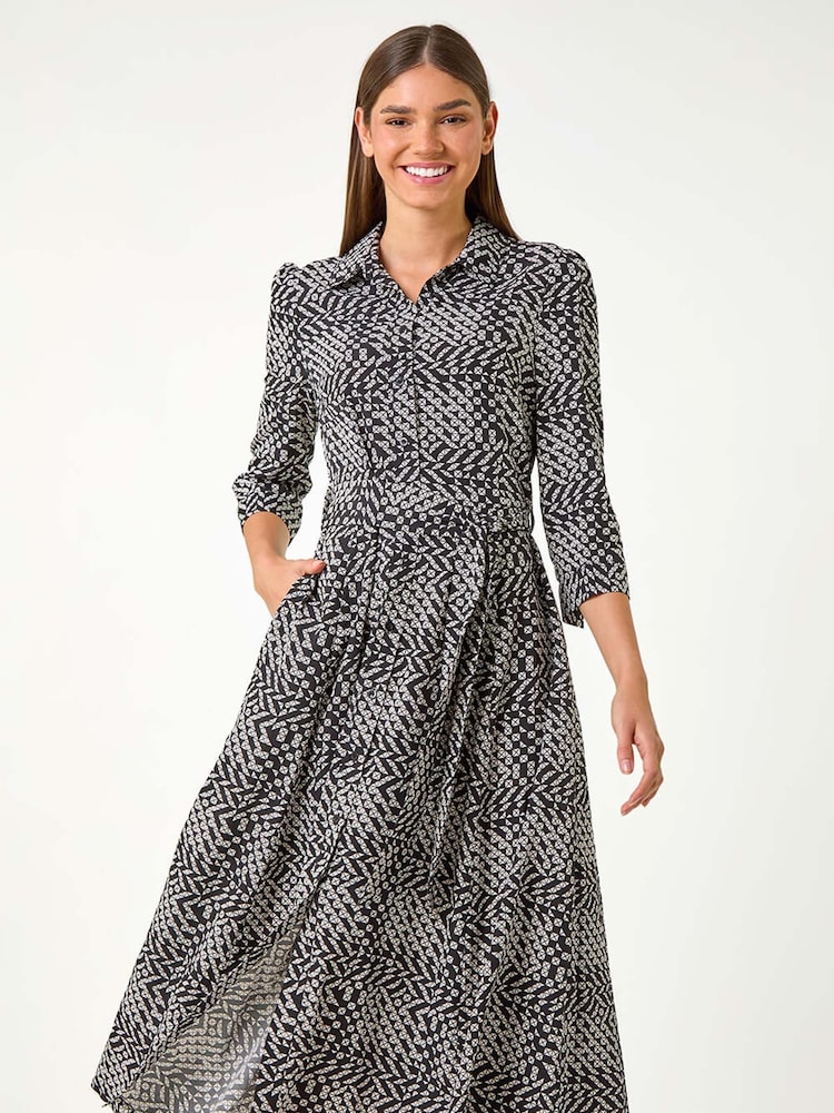 Roman Black Geometric Print Tie Waist Midi Shirt Dress - Image 1 of 5