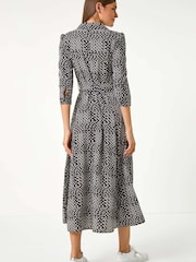 Roman Black Geometric Print Tie Waist Midi Shirt Dress - Image 2 of 5