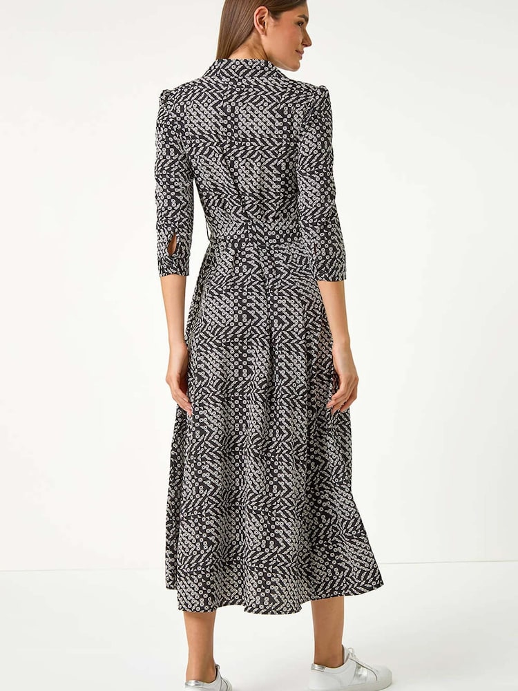 Roman Black Geometric Print Tie Waist Midi Shirt Dress - Image 2 of 5