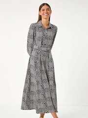 Roman Black Geometric Print Tie Waist Midi Shirt Dress - Image 3 of 5