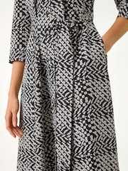 Roman Black Geometric Print Tie Waist Midi Shirt Dress - Image 5 of 5