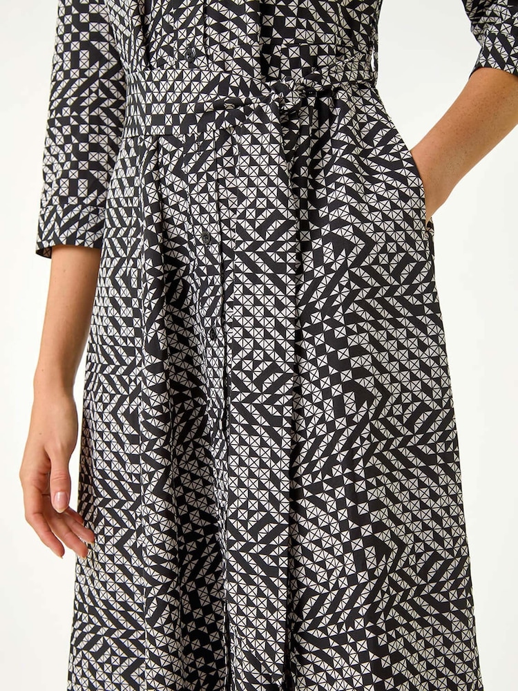 Roman Black Geometric Print Tie Waist Midi Shirt Dress - Image 5 of 5