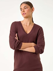 Roman Brown Plain V-Neck Stretch Jumper - Image 1 of 6