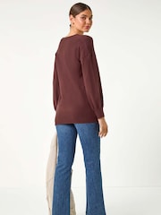 Roman Brown Plain V-Neck Stretch Jumper - Image 3 of 6